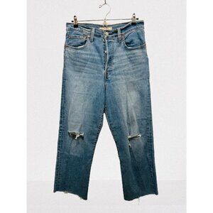 LEVI'S RIBCAGE STRAIGHT ANKLE Jeans Blue Distressed Front Buttons Size 30